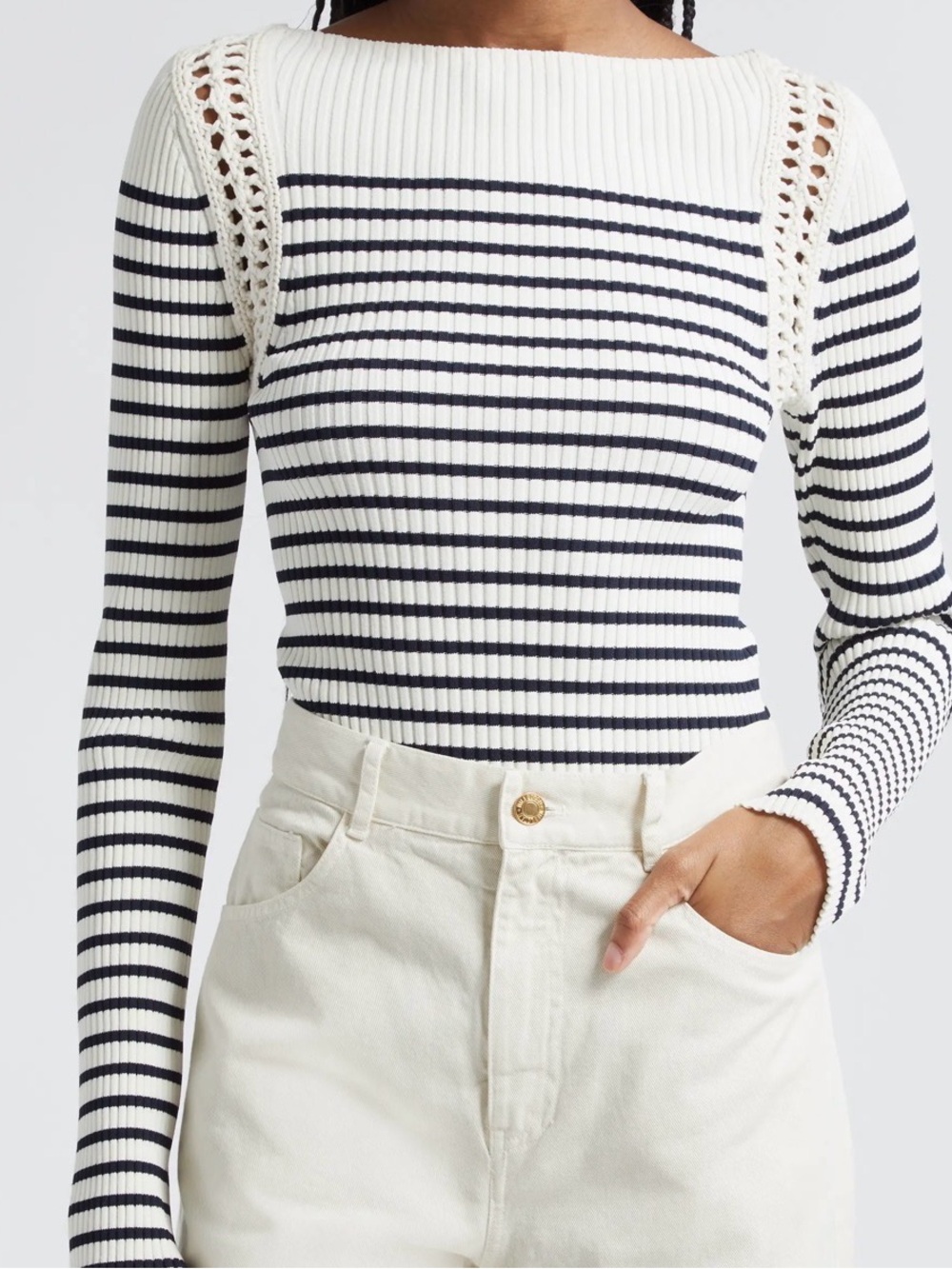 A.L.C. Isa Navy Ivory Striped Ribbed Crochet Boat Neck Sweater Top Size L